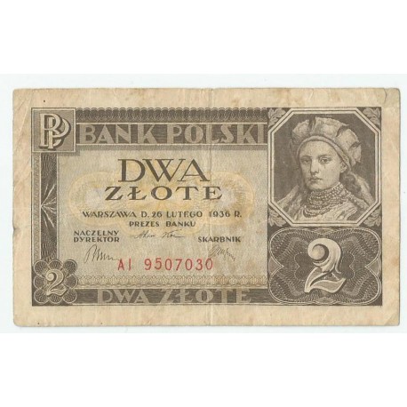 Banknot 2 zł, 1936r, stan 5, seria AI 9507030