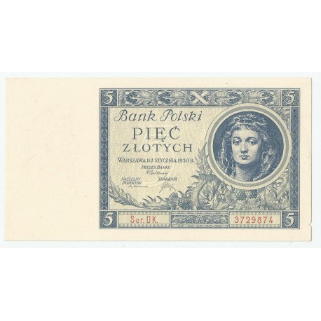 5 złotych 1930 rok, seria DK. 3729874, stan 2