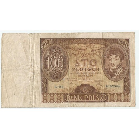 Banknot 100 zł 1934 rok, seria BD. 0192384, stan 5, niski numer