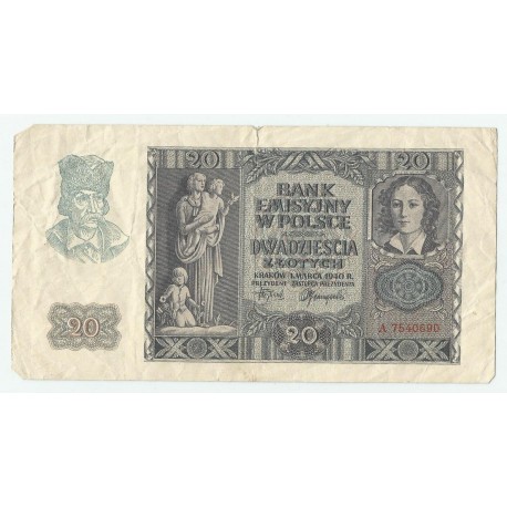 Banknot 20 złotych, 1940, seria A 7540690, stan 3
