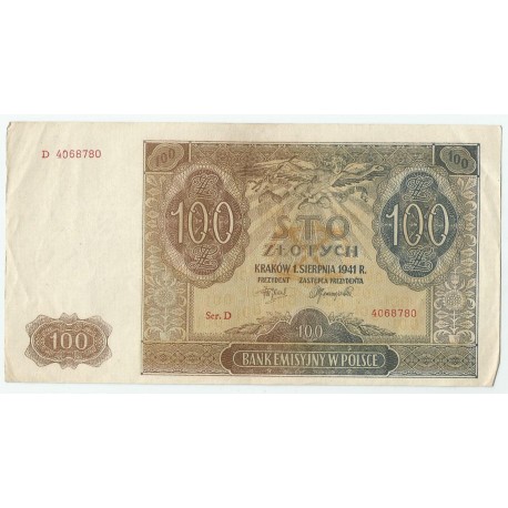 Banknot 100 złotych 1941 stan 2+, Ser. D 4068780