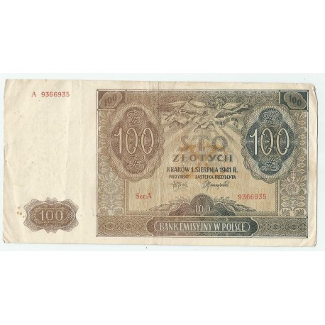 Banknot 100 złotych 1941 stan 3, Ser. A 9366935