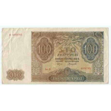 Banknot 100 złotych 1941 stan 3, Ser. D 4068783