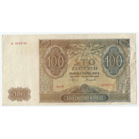 Banknot 100 złotych 1941 stan 2-, Ser. D 4068781