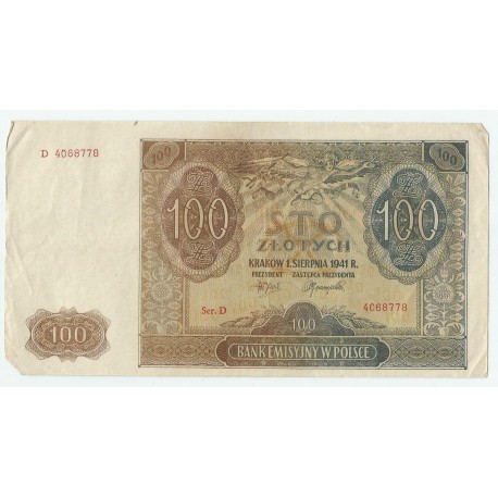 Banknot 100 złotych 1941 stan 2-, Ser. D 4068778