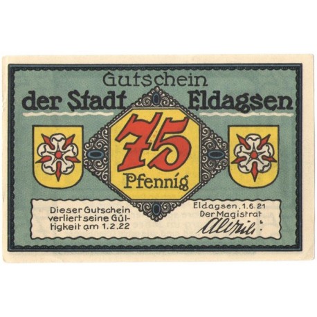 75 Pf banknot zastępczy Gutschein der stadt Eldagsen