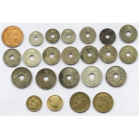 Francja, centesimi i franki, zestaw 23 sztuki, lata 1917-1939