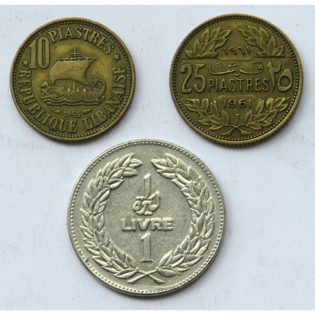 Liban, monety obiegowe 1955-1975, 3 sztuki, ładne stany