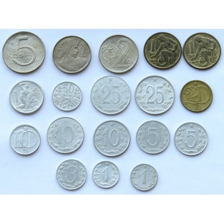 Czechosłowacja, monety z lat 1947-1974, ładne stany 1-/2+, 18 sztuk