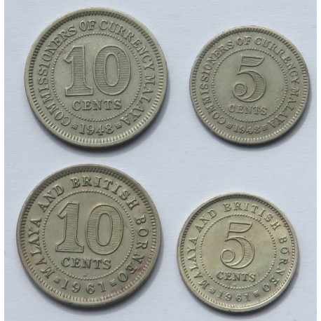 Malaje Brytyjskie i Borneo, 2 x 5 i 2 x 10 centów, 1948 i 1961 H