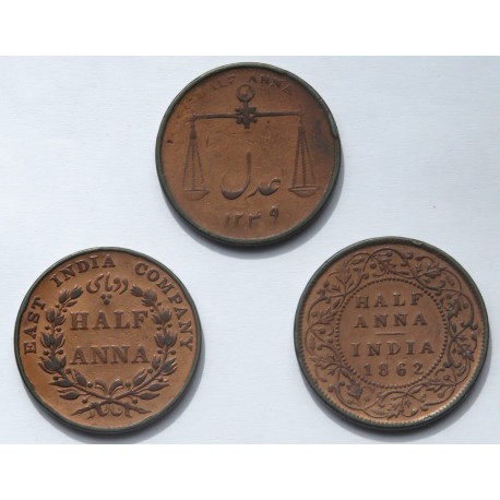 Indie Brytyjskie, 3 x 1/2 anna, 1834, 1835, 1862, stany 4