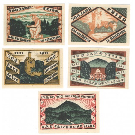 Banknoty zastępcze (notgeldy) Szczawno-Zdrój (Bad Salzbrun), 5 sztuk