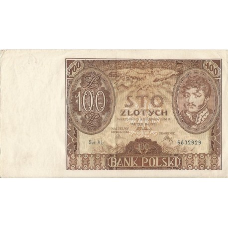 Banknot 100 zł 1934 rok, seria A.I. 6832929, stan 3+