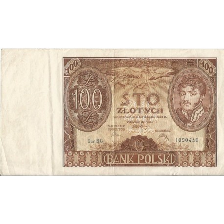 Banknot 100 zł 1934 rok, seria BG. 1090440, stan 3-