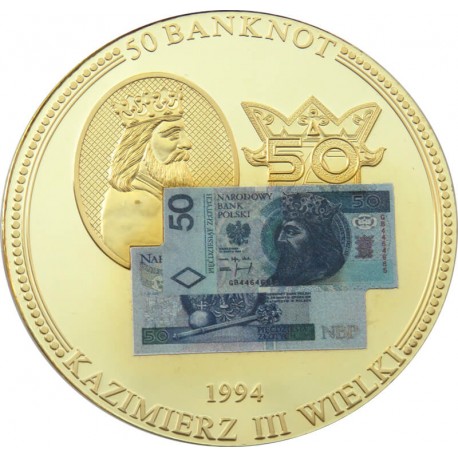 Medal okolicznościowy z wizerunkiem banknotu 50 zł Kazimierz III Wielki