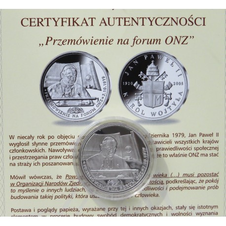 Polska, medal Jan Paweł II, Przemówienie na forum ONZ. certyfikat