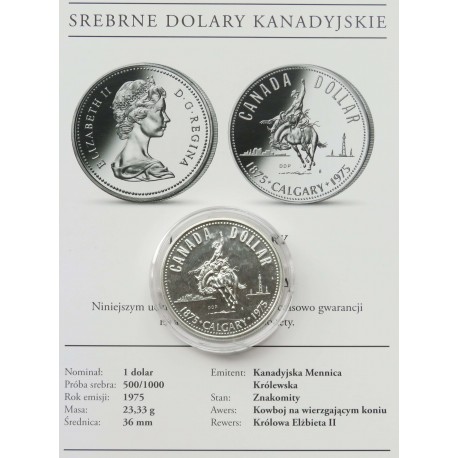 Kanada, 1 dolar 1975, 100 lat Calgary, srebro, certyfikat