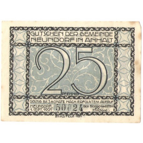 25 Pf banknot zastępczy Neundorf 1921