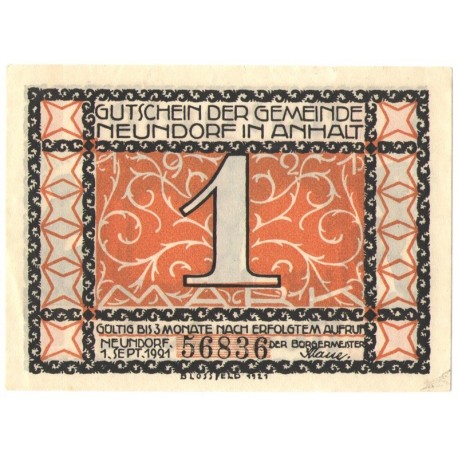 1 mark banknot zastępczy Neundorf 1921
