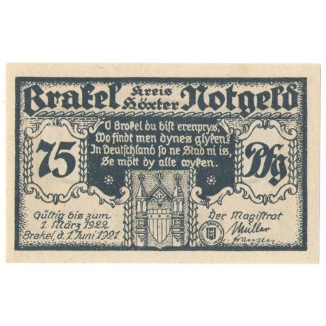 75 Pf banknot zastępczy Brakel 1922