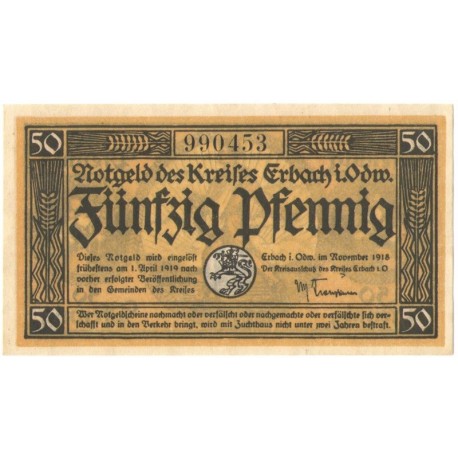 50 Pf banknot zastępczy Kreises Erbach im Odenwald 1918