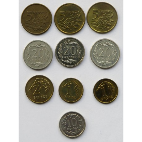 Zestaw 10 monet groszowych 2002-2004: 2x1 grosz, 1x2 grosze, 3x5 groszy, 1x10 groszy, 3x20 groszy