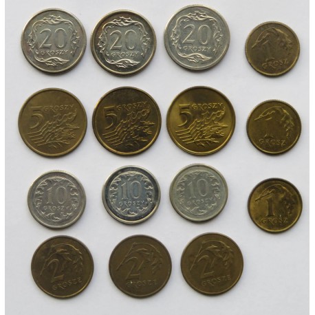 Zestaw 15 monet groszowych z lat 2005-2007