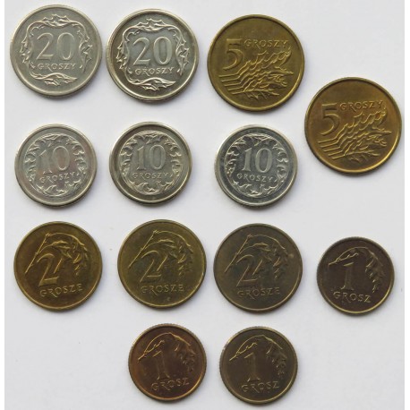 Zestaw 13 monet groszowych z lat 2008-2010 (od 1 do 20 groszy), stany 1 / 1-
