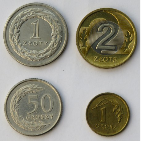 Lot: 1 grosz, 50 groszy, 1 złoty, 2 złote, 1995, stan 1/1-