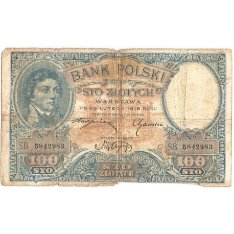 Banknot 100 zł, rok 1919 rok, seria SB. stan 5