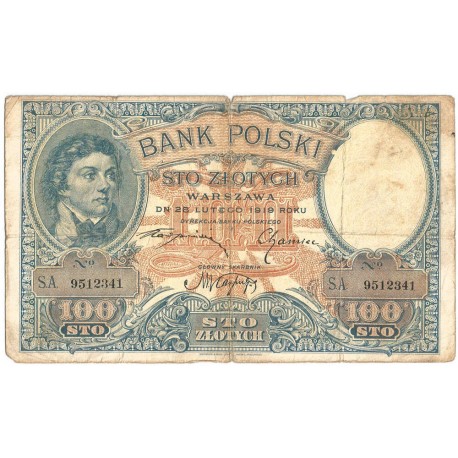 Banknot 100 zł, rok 1919 rok, seria SA. stan 5