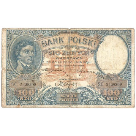 Banknot 100 zł, rok 1919 rok, seria S.C. stan 5+
