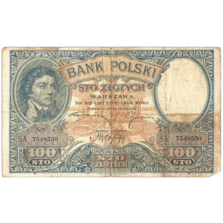 Banknot 100 zł, rok 1919 rok, seria S.A. stan 5+