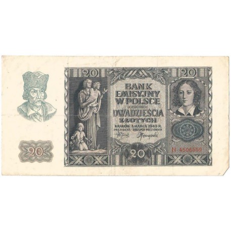 Banknot 20 złotych, 1940, seria H, stan 3