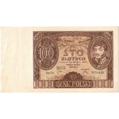 Banknot 100 zł 1934 rok, seria CA stan 2-