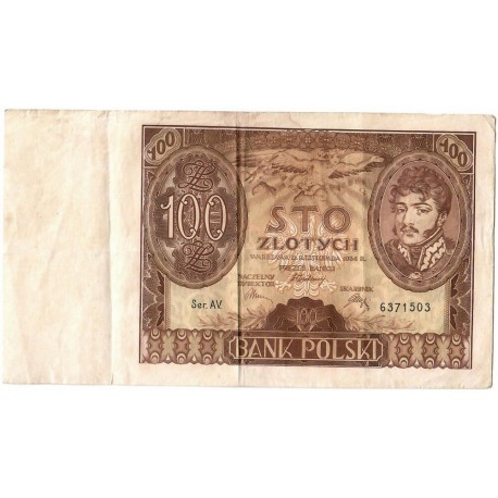 Banknot 100 zł 1934 rok, seria AY stan 4
