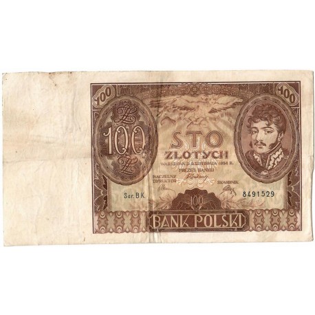 Banknot 100 zł 1934 rok, seria BK stan 3-