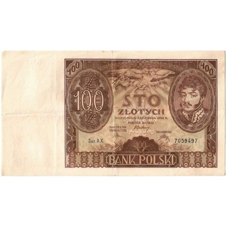 Banknot 100 zł 1934 rok, seria AX stan 3-