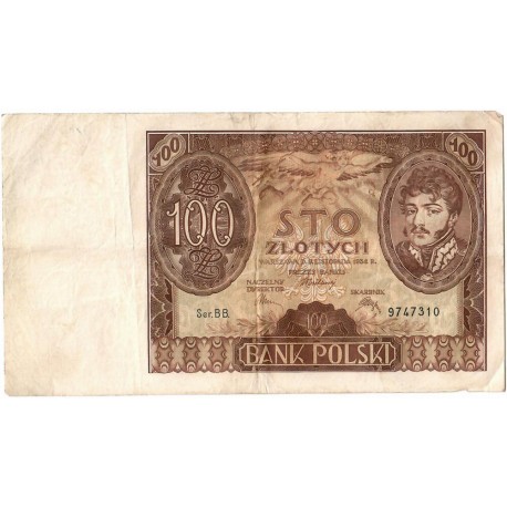 Banknot 100 zł 1934 rok, seria BB stan 3-