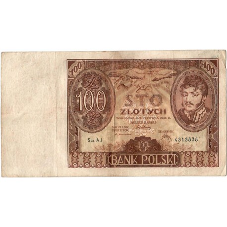 Banknot 100 zł 1934 rok, seria AJ stan 4+