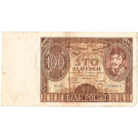 Banknot 100 zł 1932 rok, seria AG stan 3-