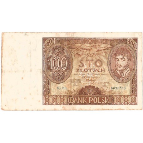 Banknot 100 zł 1934 rok, seria BH stan 3-