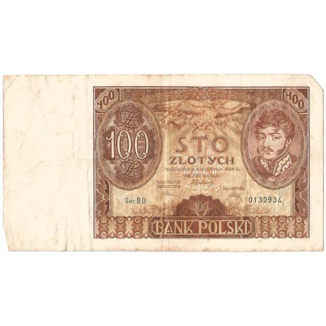 Banknot 100 zł 1934 rok, seria BD stan 4+