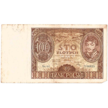 Banknot 100 zł 1934 rok, seria AX stan 4+