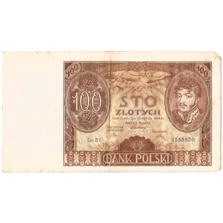 Banknot 100 zł 1934 rok, seria BY stan 3-