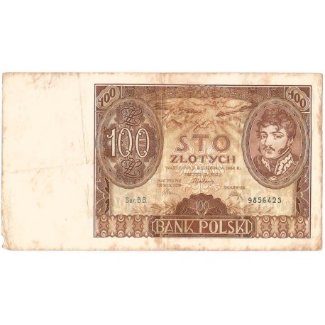 Banknot 100 zł 1934 rok, seria BB stan 3-