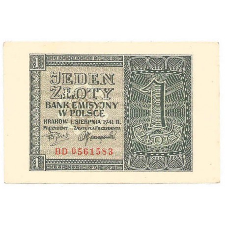 Banknot 1 złoty 1941, stan 3+, seria BD