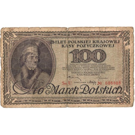 100 marek polskich 1919, Ser. U Nr 608808, stan 5-