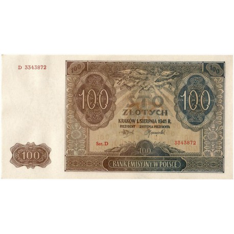 Banknot 100 złotych 1941 stan 2, Ser. D