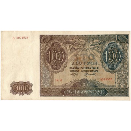 Banknot 100 złotych 1941 stan 2, Ser. A